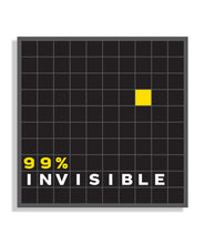 Square sticker split into a grid of all black squares except for 1 yellow square. Includes white and yellow words "99% Invisible"