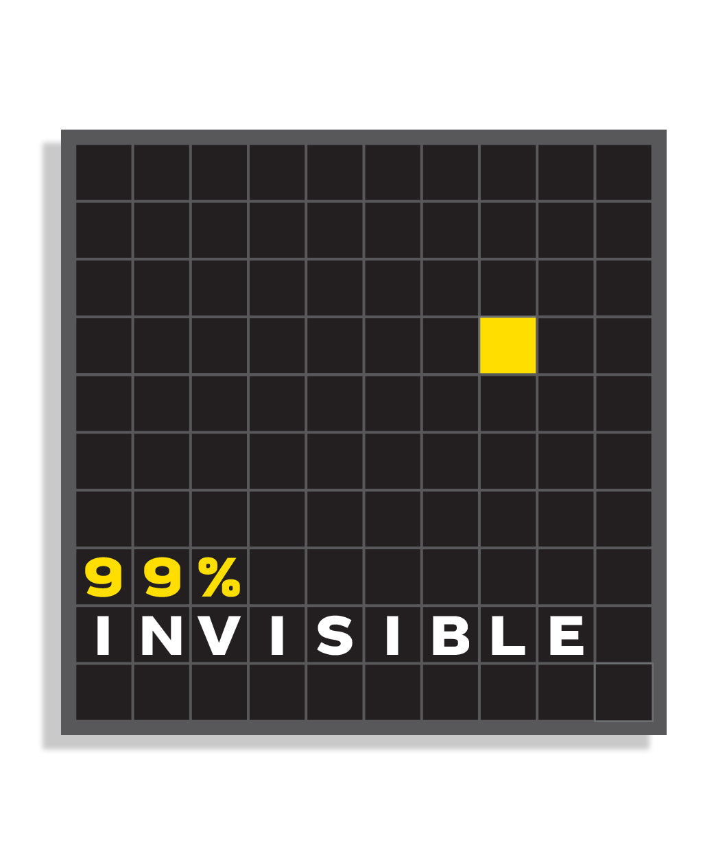Square sticker split into a grid of all black squares except for 1 yellow square. Includes white and yellow words 