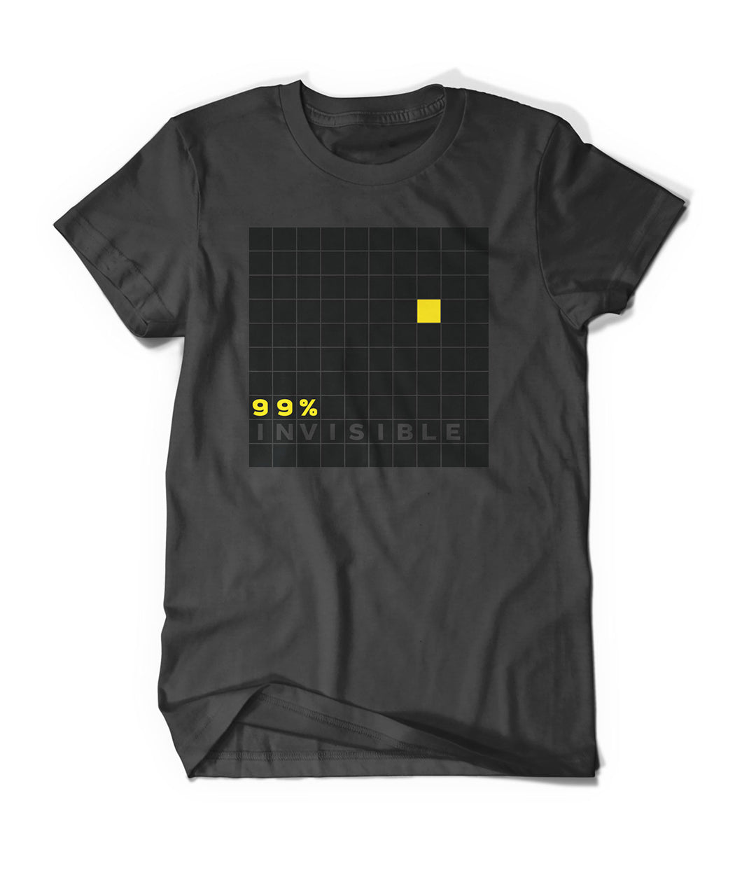Grey t-shirt with large grid of all black squares except for 1 yellow and the words 