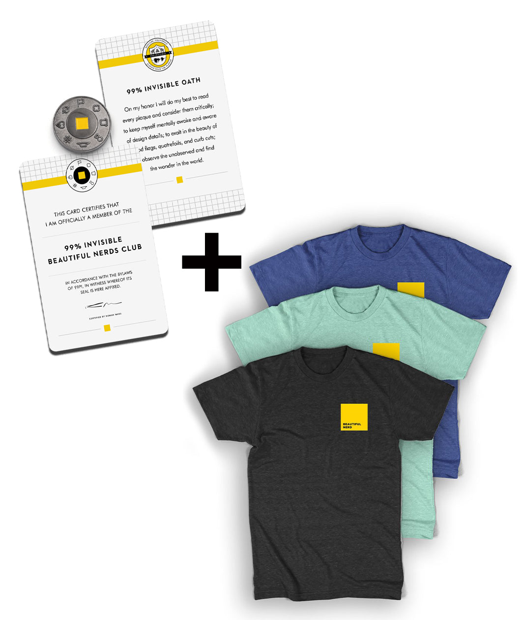 A silver pin, two cards with writing on them, and three t-shirts. The shirts are the same but in different colors- grey, royal blue, and mint. By 99% Invisible