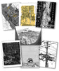 7 postcards with black, white, and yellow drawings of urban landscapes by 99% Invisible