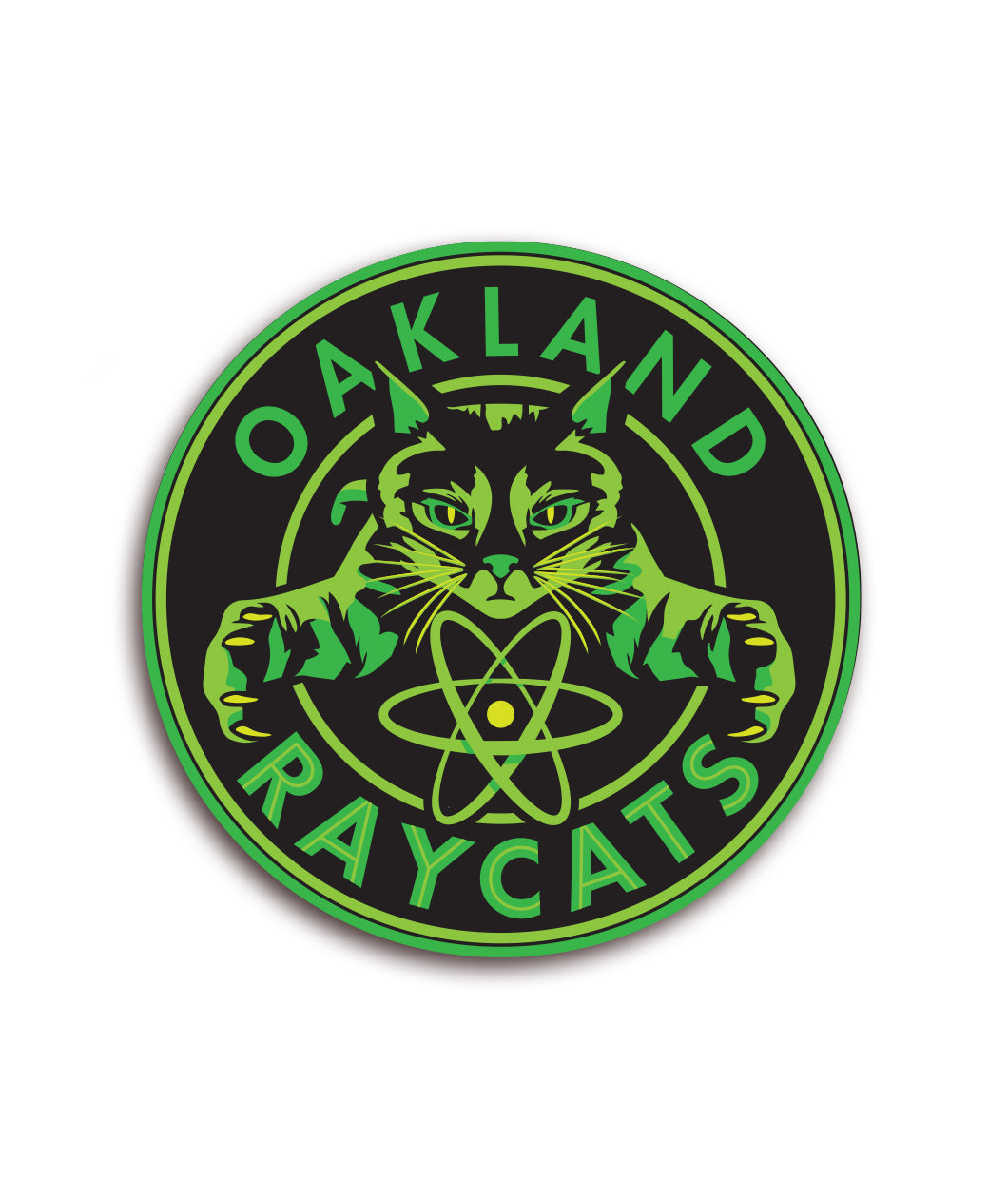 Green and black circular sticker centering a cat with the phrase 