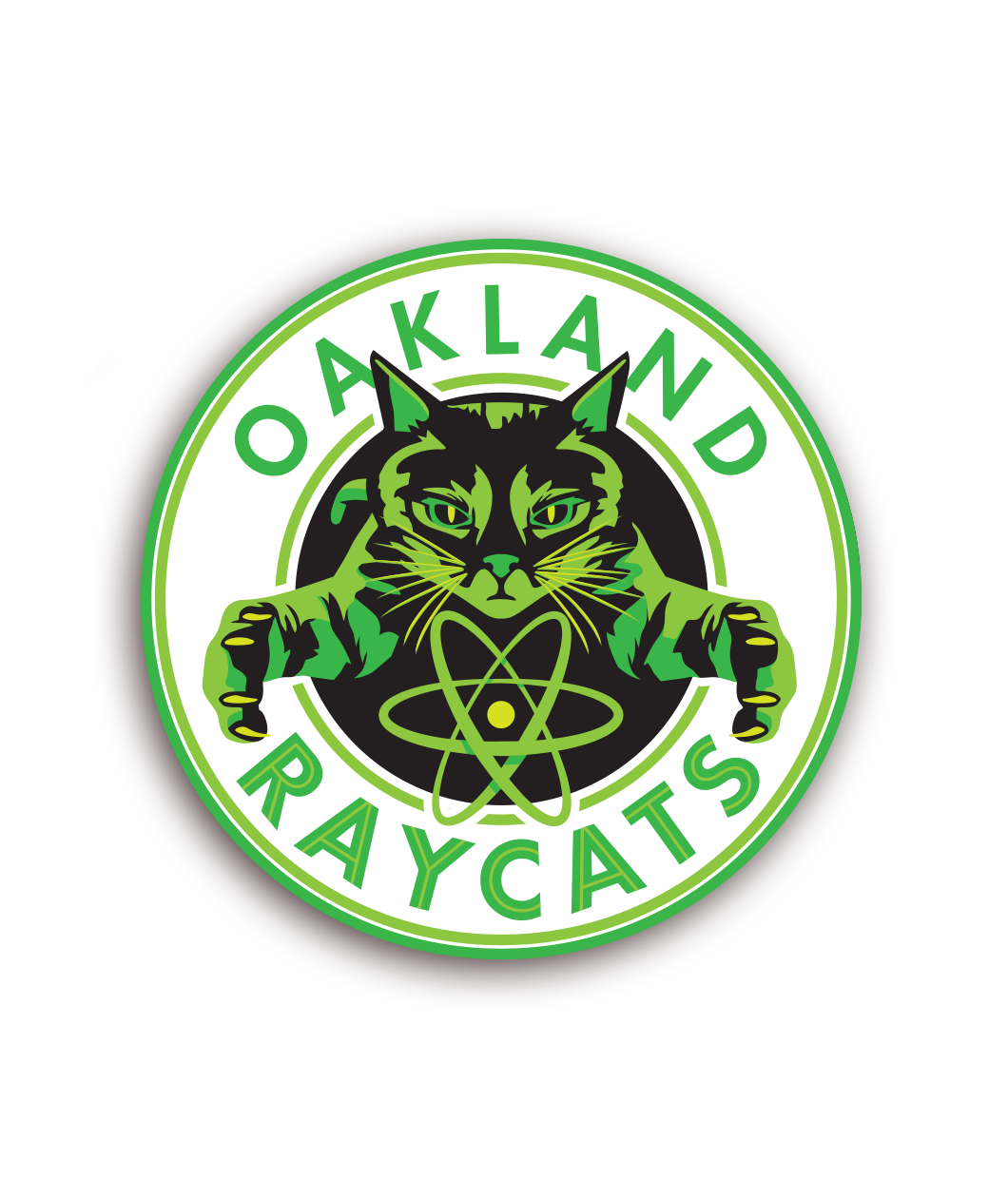 Circular sticker centering a green and black cat with the phrase 