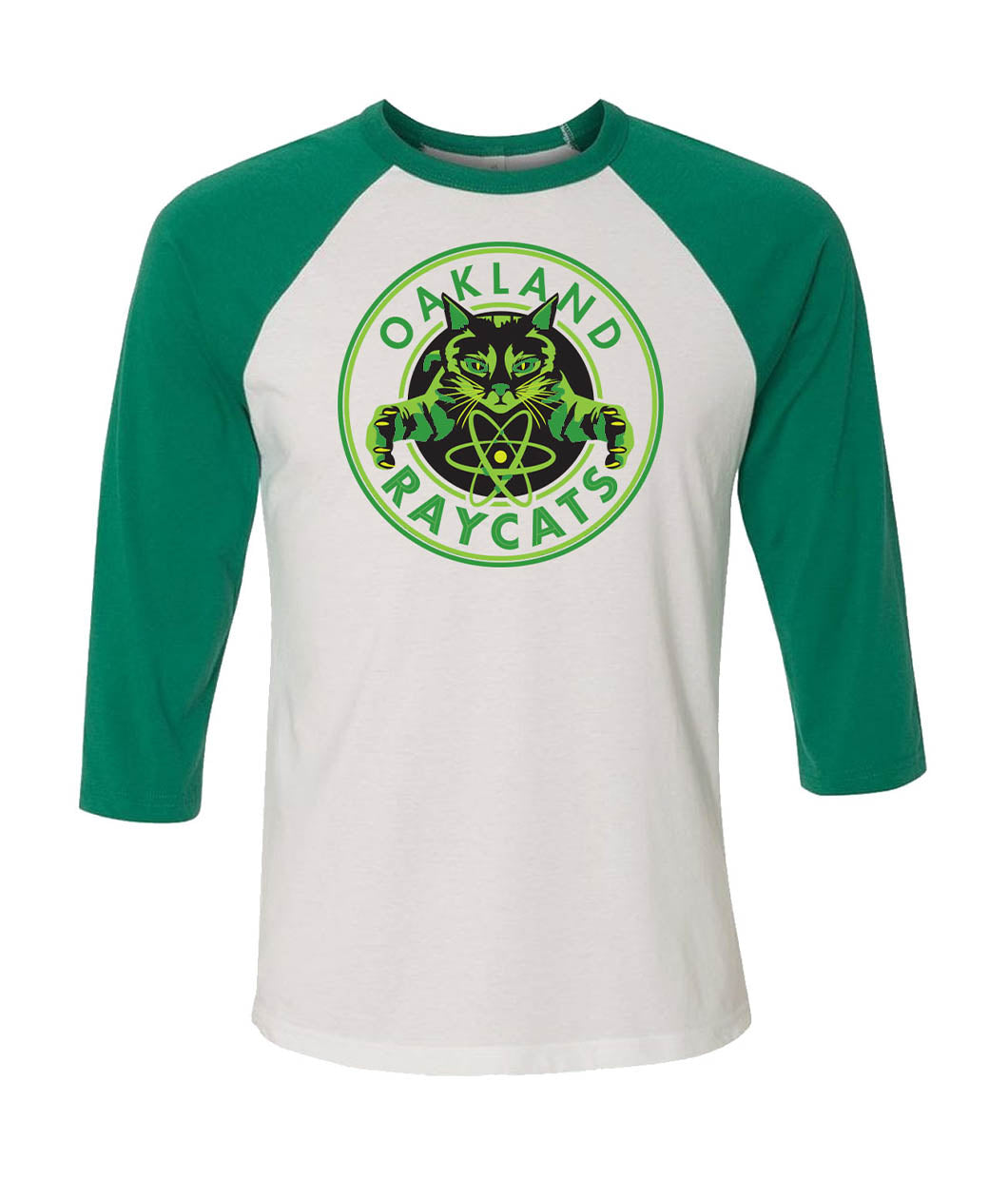 A white baseball shirt with teal sleeves. It features a green and black cat as part of the 