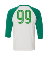 The back of a white baseball shirt with teal sleeves. Features a large number 99 in the upper center portion of the back. By 99% Invisible