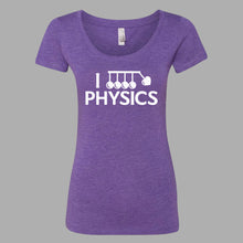 Purple curved cut shirt with “I” in white sans serif font followed by a vector drawing of Newtons cradle. A heart takes the place of one of the balls. Below, “Physics” is in white sans serif font - from Physics Girl