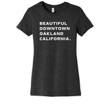 Heather black curved cut t-shirt with white words "Beautiful Downtown Oakland California" on the center chest - by 99% Invisible