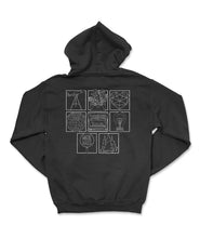 The back of a grey hoodie with a grid of eight illustrations from Atypical Artists. 