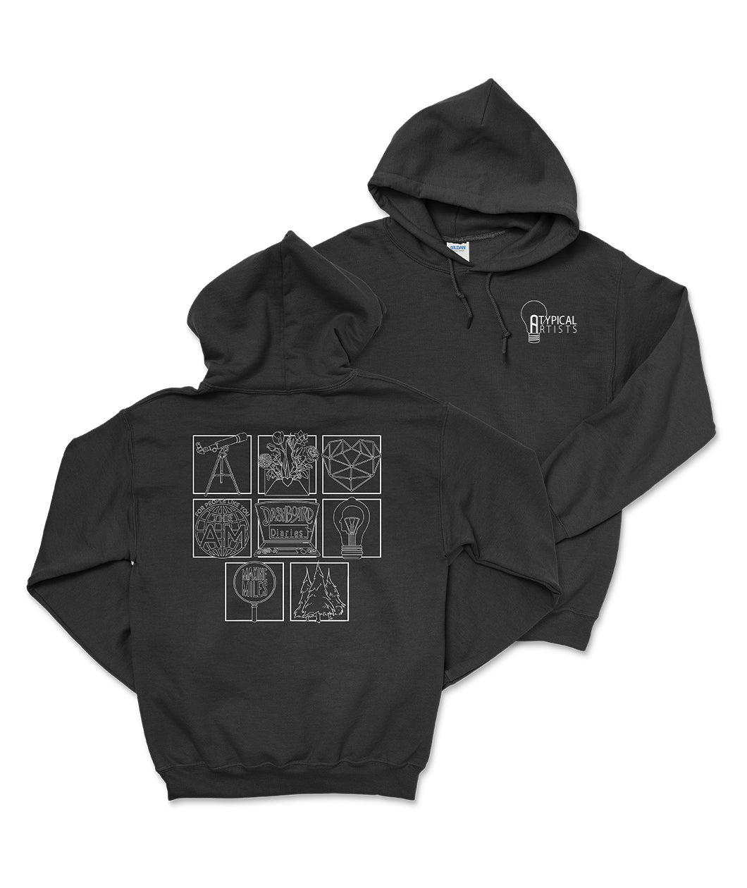 A grey hoodie showing front and back. The front has a small white Atypical Artists logo on the left breast pocket area. The back has a grid of eight illustrations from Atypical Artists. 