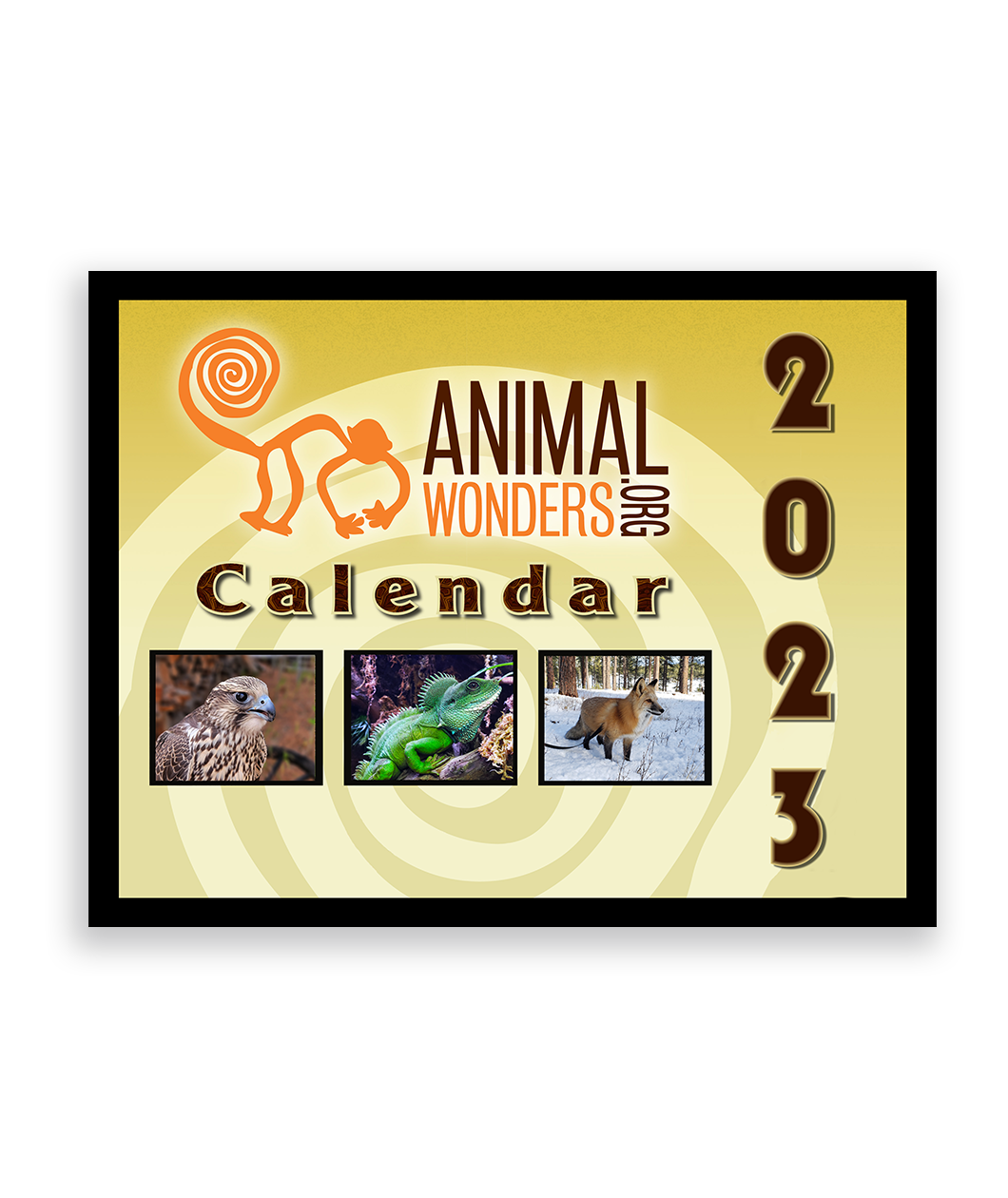 The cover of the Animal Wonders 2023 Calendar is a light yellow color with a swirl in the background. It features three small photos of a bird, iguana and fox under the Animal Wonders logo. "2023" is written down the right side of the cover in large text. 