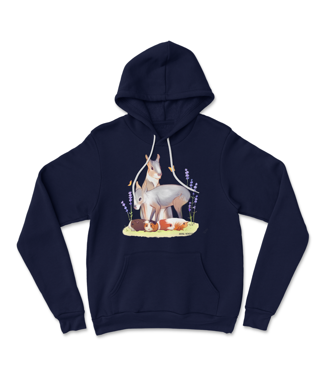 A dark blue, drawstring hoodie from Animal Wonders with an illustration of two Patagonian cavies standing over four guinea pigs.