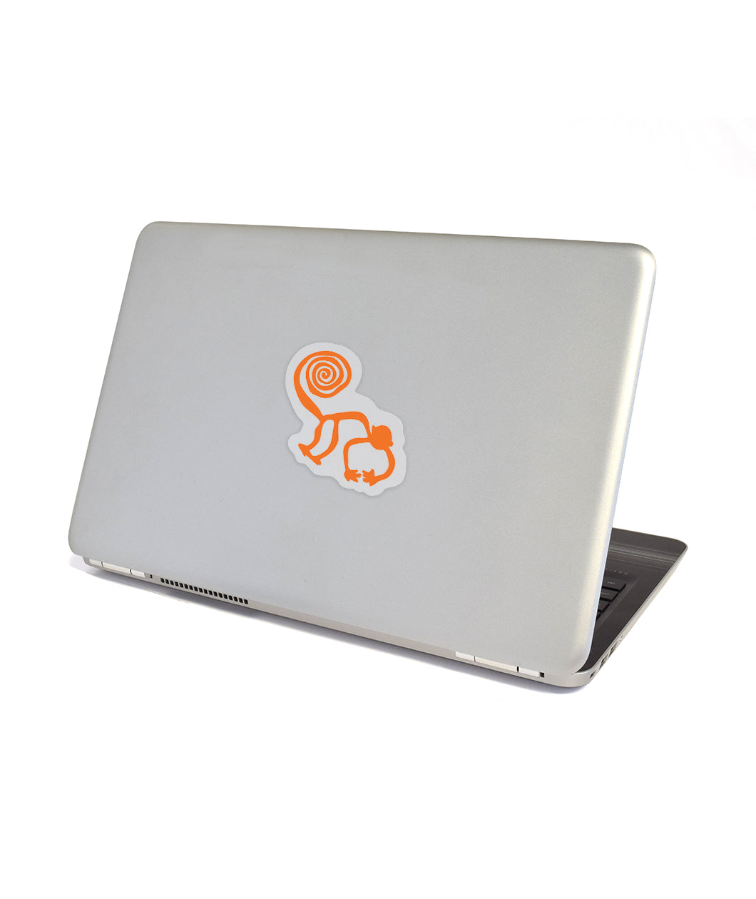 Gray computer half closed with sticker of orange silhouette cartoon drawing of monkey with a tail that spirals inwards. Monkey is on transparent background - from Animal Wonders
