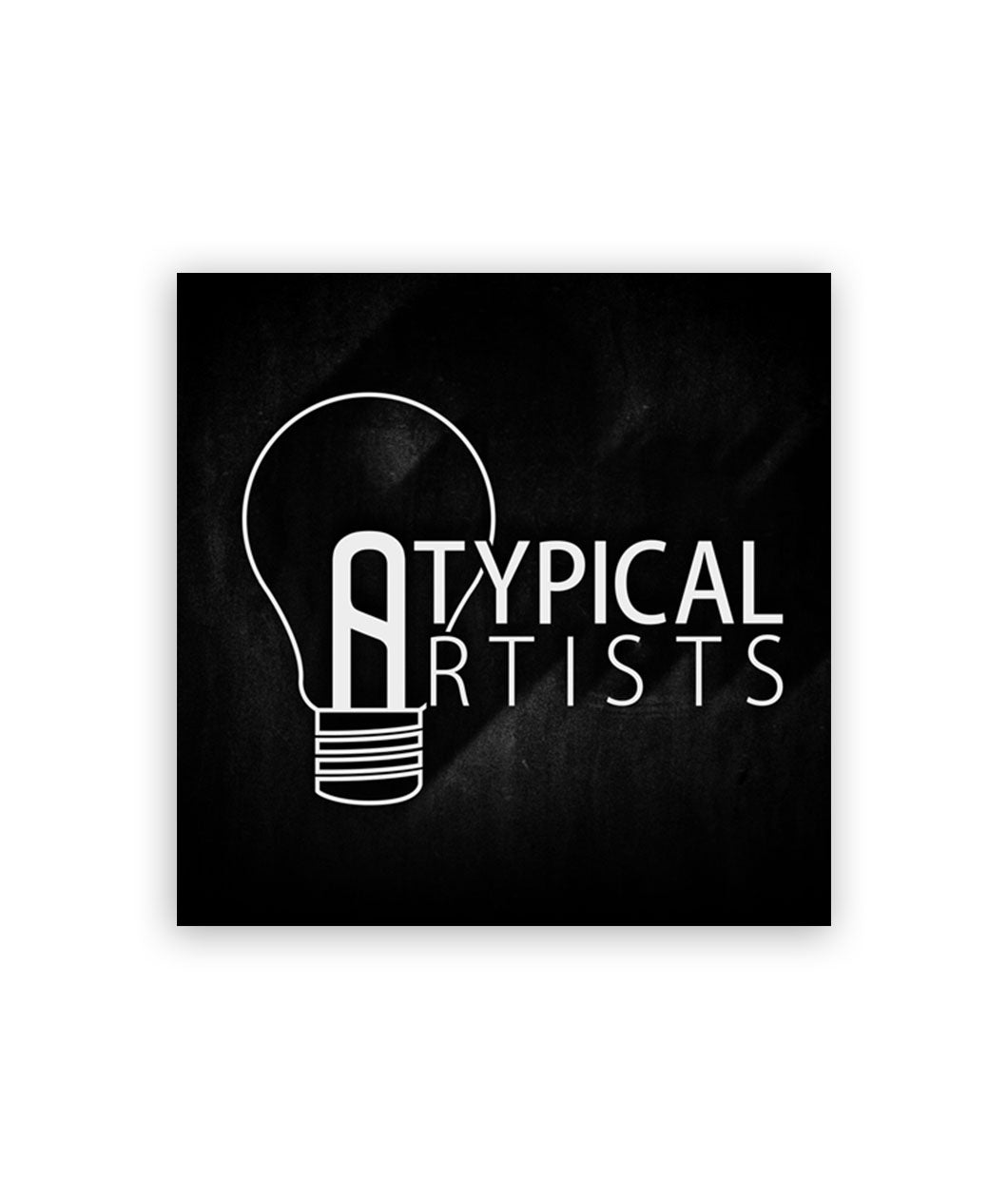 A album cover for the Atypical Artists theme music pack which is a black background with a white outline of a lightbulb and the words "Atypical Artists".