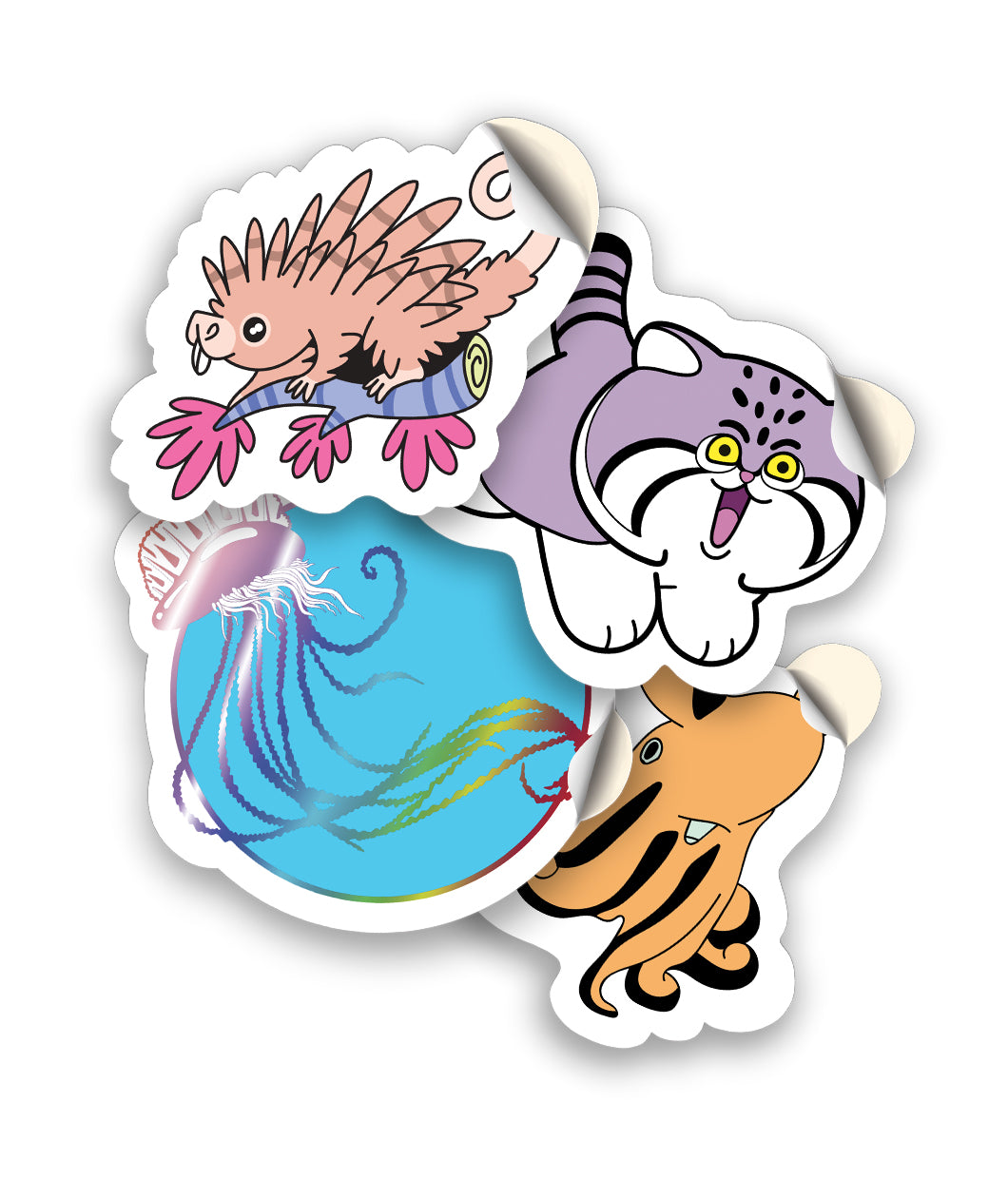 A set of four stickers of different cartoon drawn bizarre beasts - a peach colored porcupine on a branch, a purple and white paras cat, a jellyfish against a blue background, and an orange dumbo octopus - from Bizarre Beasts