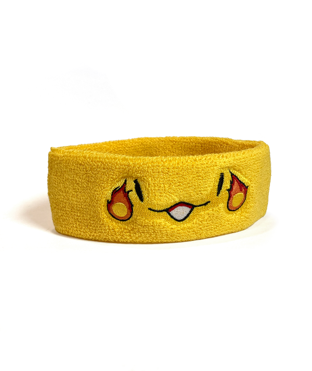 A yellow sweatband with a smiling face that has a fireball on the side of each eye.