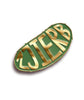 A bean shaped pin with a green background and gold letters "ZJIERB". From Brian David Gilbert. 