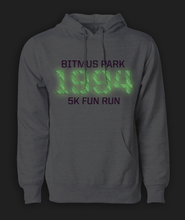 Heather white hoodie with large glowing 1994 in the front center and "Bitmus Park 5K Fun Run" sandwiched around it in smaller font. by Brian David Gilbert