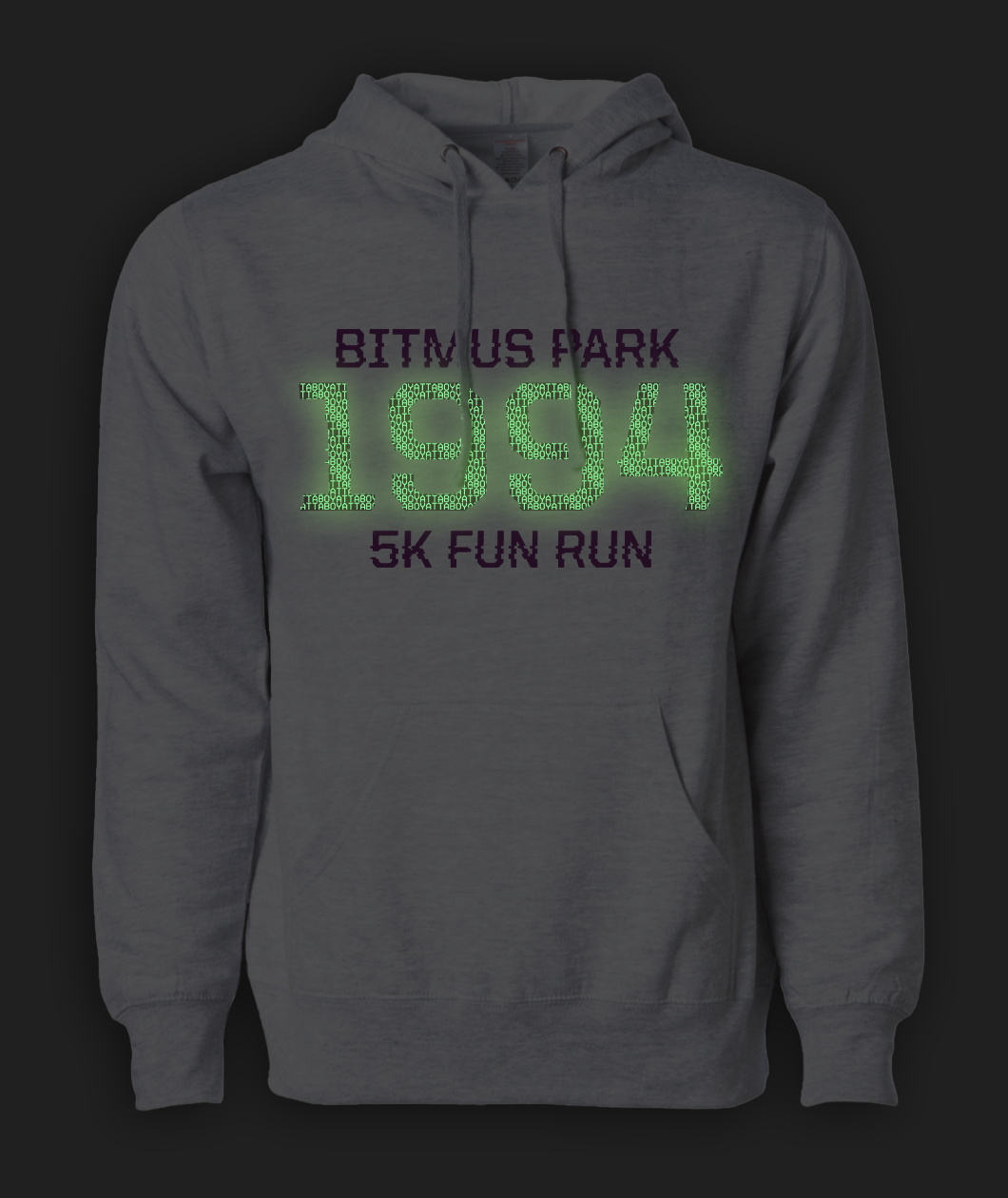 Heather white hoodie with large glowing 1994 in the front center and "Bitmus Park 5K Fun Run" sandwiched around it in smaller font. By Brian David Gilbert.