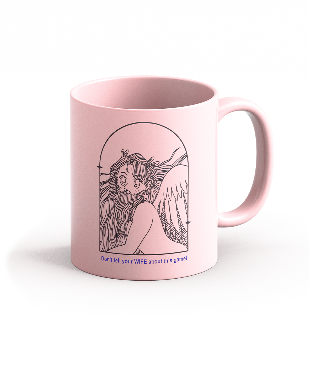 A light pink mug with an illustration of a long haired, bearded fairy creature. The text below the image reads "Don't tell your WIFE about this game!". From Brian David Gilbert.  
