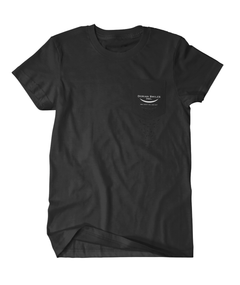 A black t-shirt with a small pocket on the right side of the chest with white writing on it - by Brian David Gilbert