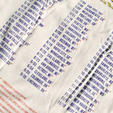 Close-up on 3 columns of dates and cities written in blue with red symbols next to each - by Brian David Gilbert