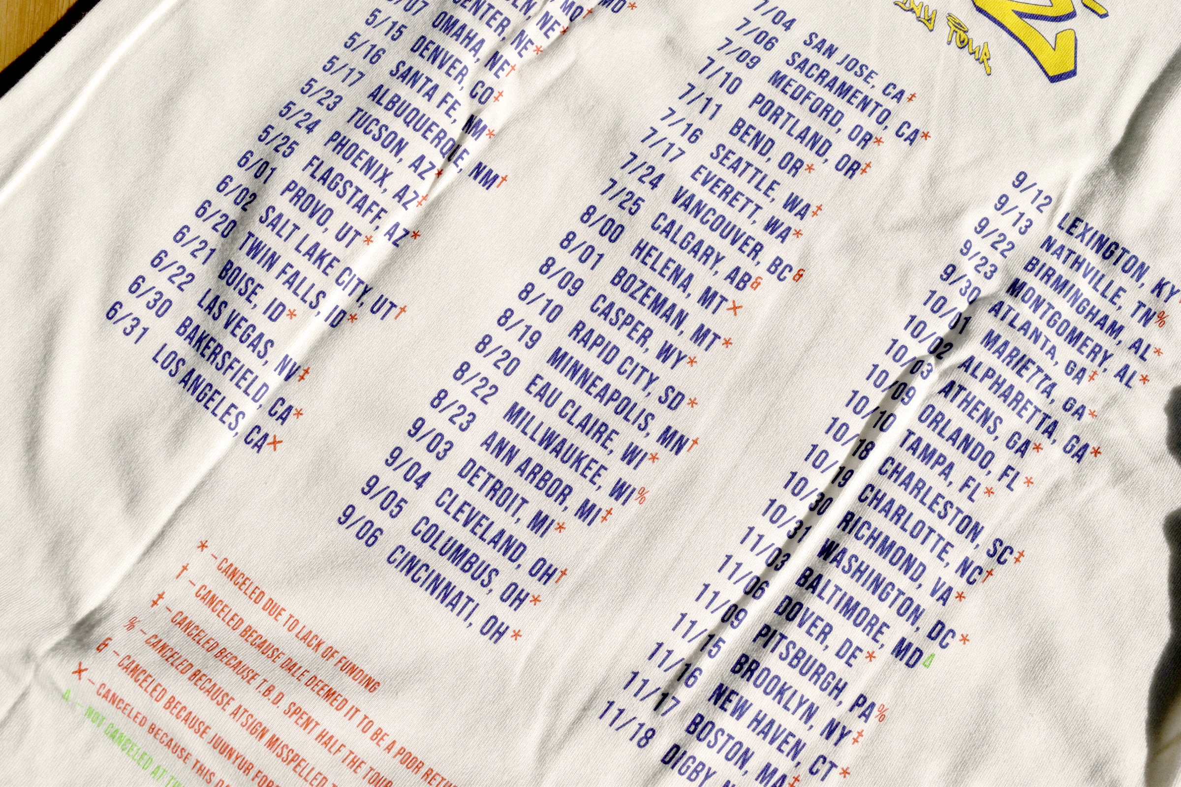 Close-up on 3 columns of dates and cities written in blue with red symbols next to each - by Brian David Gilbert