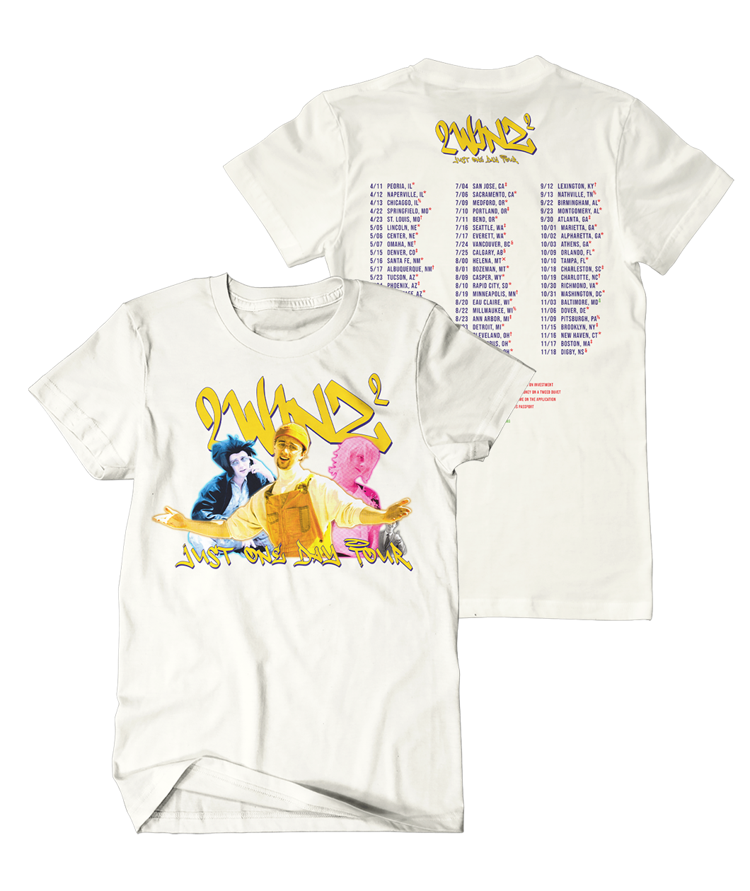 A white t-shirt with an image of 3 people on the front and a list of places on the back - by Brian David Gilbert
