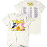 A white t-shirt with an image of 3 people on the front and a list of places on the back - by Brian David Gilbert