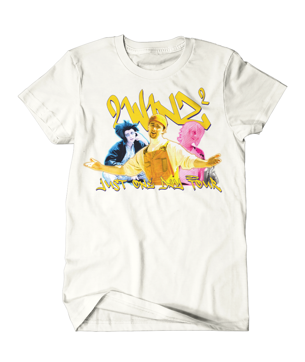 White t shirt with online yellow writing