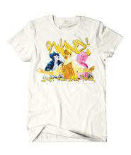 A white t-shirt with stylized yellow writing that says "2winz² Just One Day Tour" and the torsos of 3 people tinted yellow, blue, and pink - by Brian David Gilbert