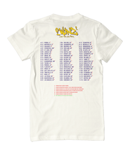The back of a white t-shirt with yellow writing "2winz² Just One Day Tour" at the top center, 3 columns of dates and cities extending across the mid-back, and a list in red centered beneath it - by Brian David Gilbert