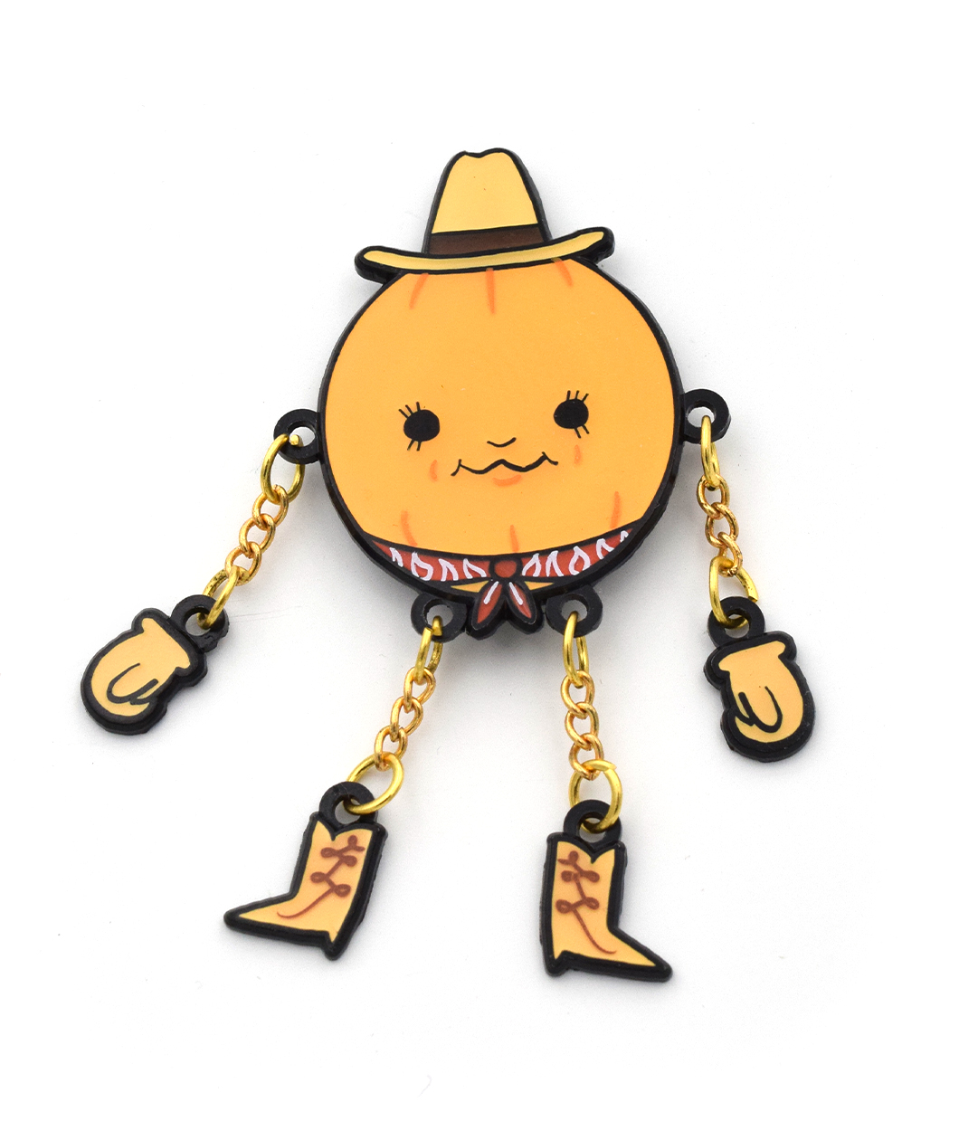 A pumpkin dressed like a cowboy, wearing a cowboy hat and a bandana. Each hand and cowboy boot is connected to the body with a small gold chain. From Brian David Gilbert.