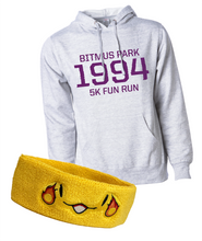 Heather white hoodie with large red 1994 in the front center and "Bitmus Park 5K Fun Run" sandwiched around it in smaller font. The hoodie has a front pocket on the bottom. Bundled with the hoodie is a yellow sweatband with a smiling face that has a fireball on the side of each eye. By Brian David Gilbert.