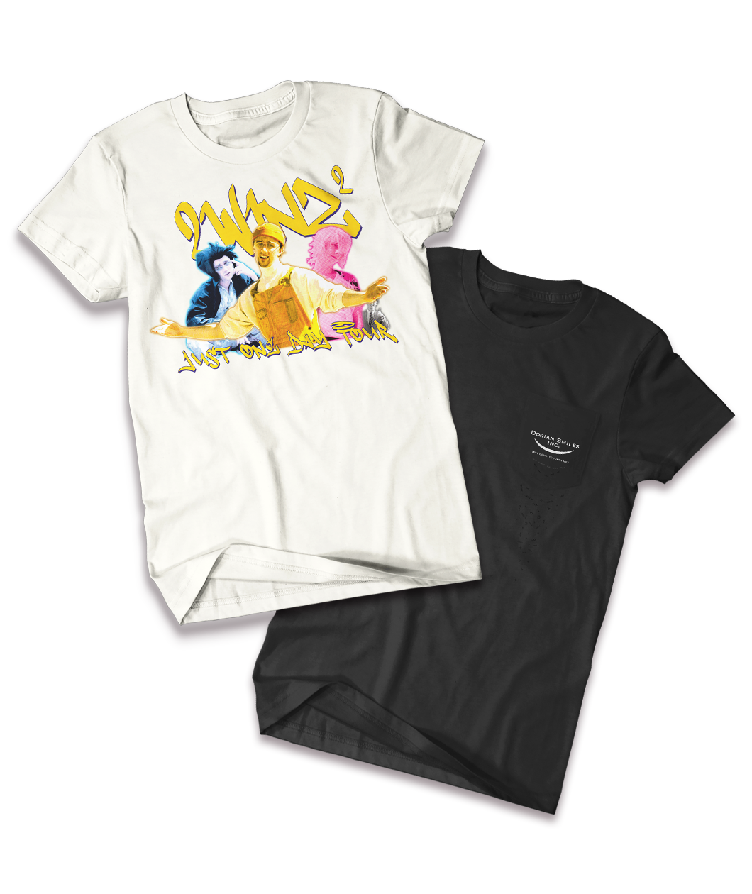 Two shirts bundled together, one black t-shirt with a small pocket on the right side of the chest with white writing on it and one white t-shirt with stylized yellow writing that says 