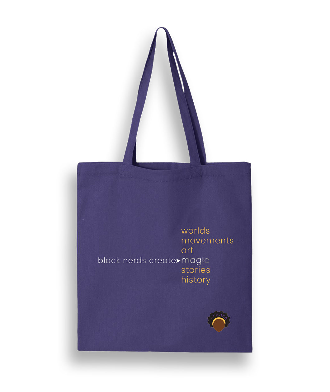 A purple canvas tote bag with text that says 
