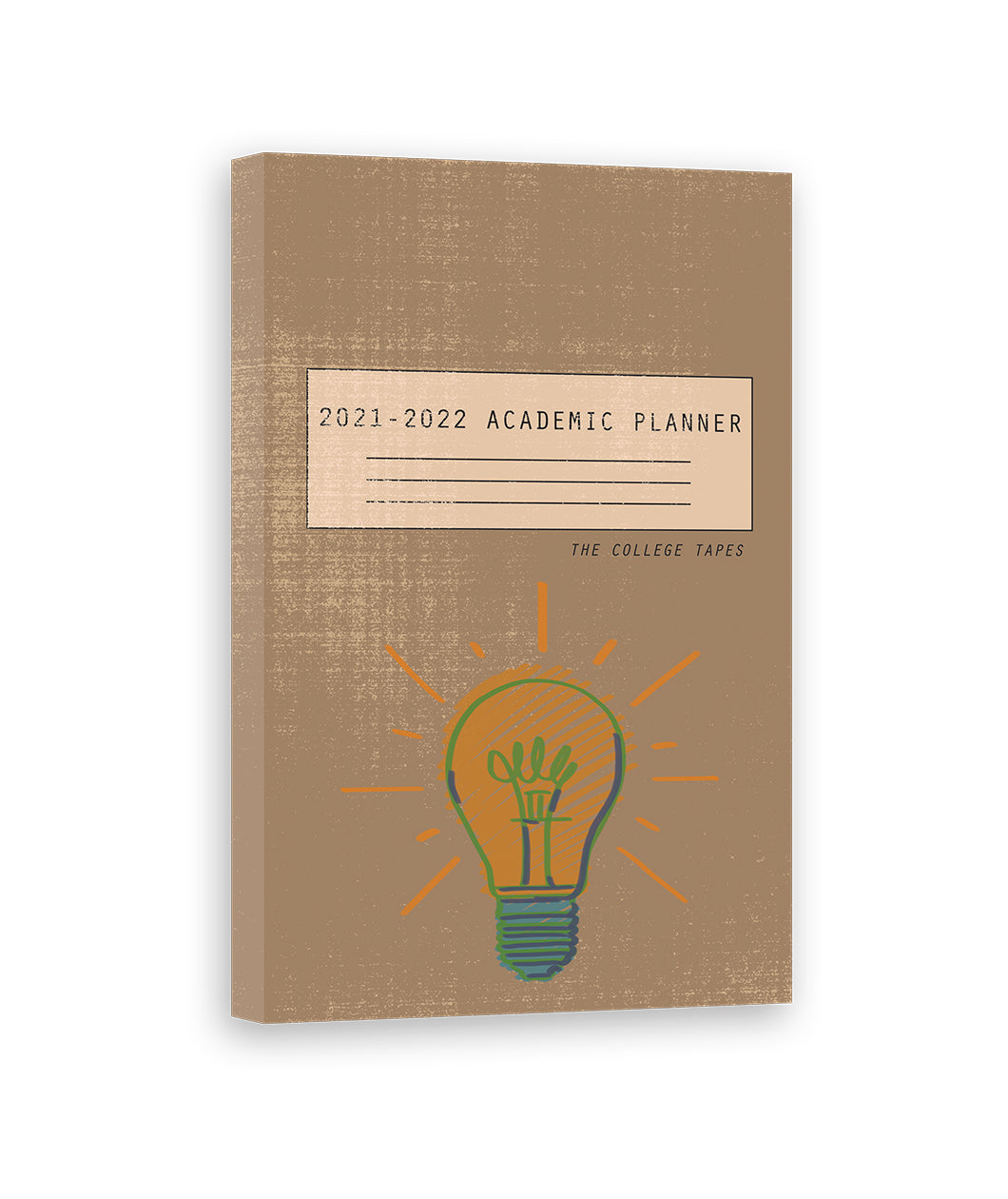 A brown notebook with a light rectangle on the front with the words "2021 - 2022 Academic Planner" with lines below to write on and the words "The College Tapes" written below. An illustration of a light bulb is below. From the Bright Sessions.