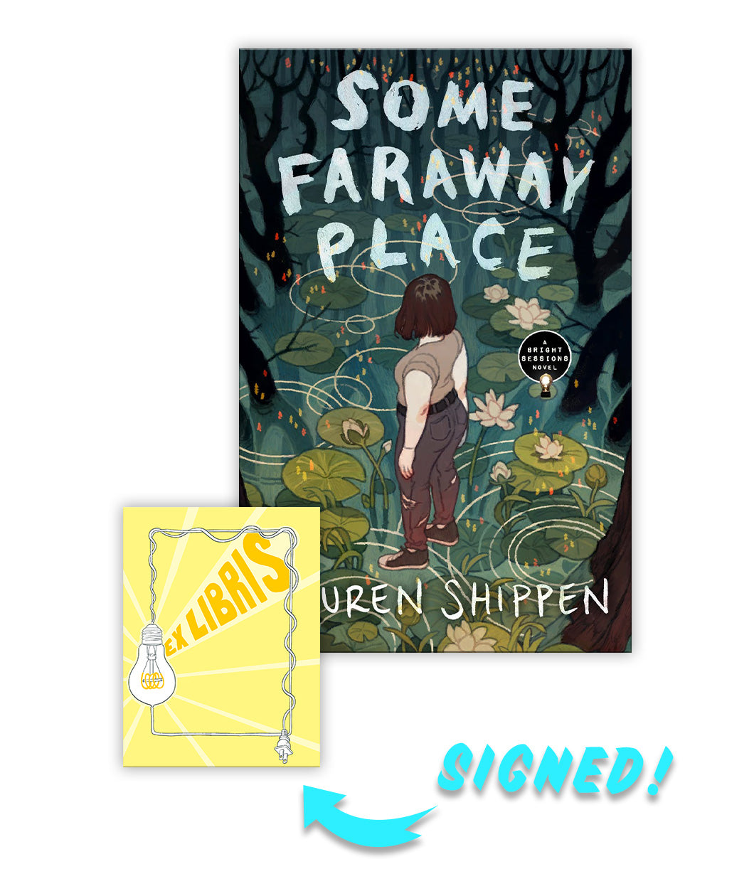 The cover of "Some Faraway Place" by "Lauren Shipped". The cover is an illustration of a person looking into a swamp with trees and lily pads. There is also a yellow, signed bookplate that says "Ex Libris".