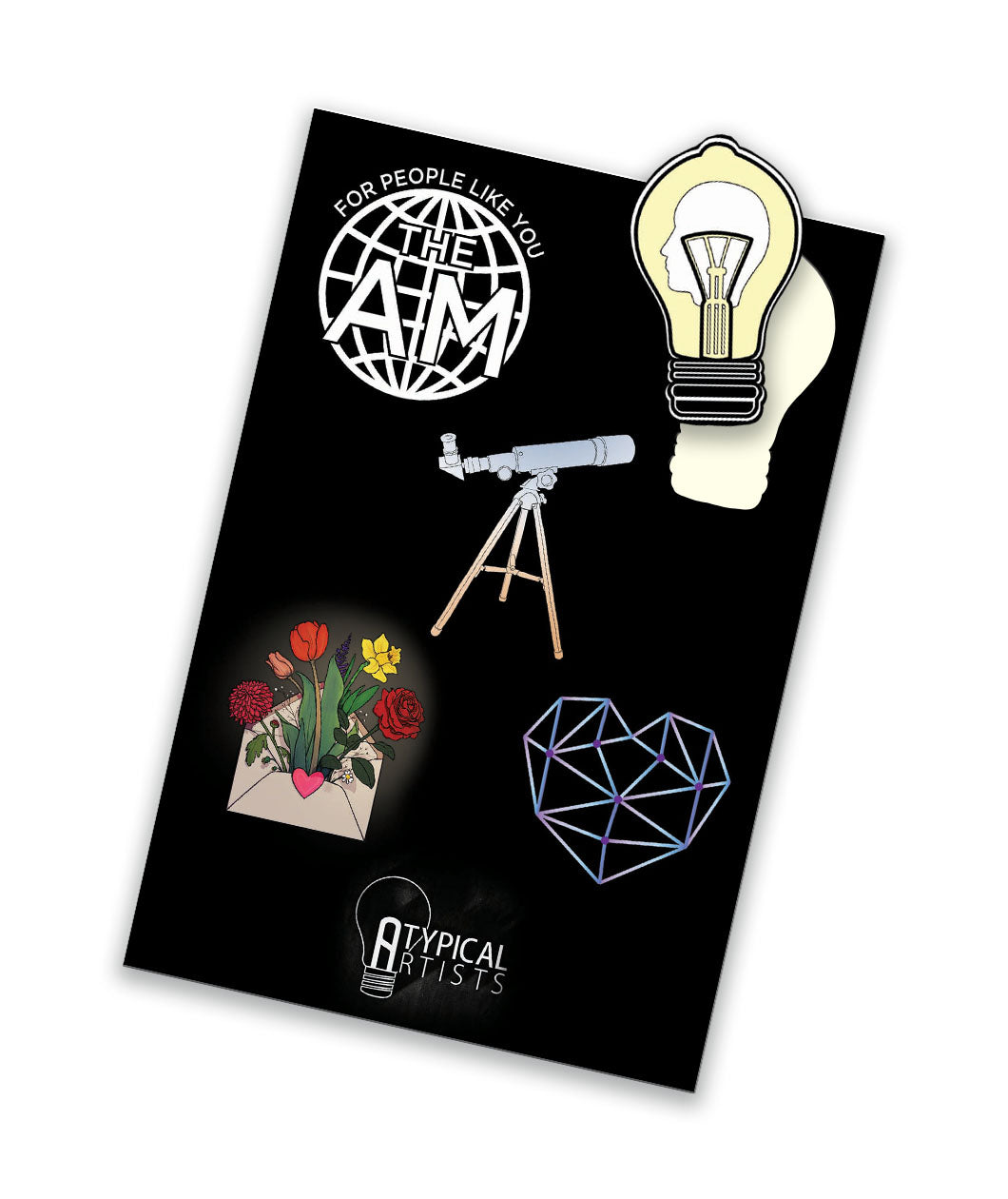 A sticker sheet featuring five different stickers. One is a white circle with "The AM" written in the middle and "For People Like You" written above it. One is a light bulb with the silhouette of a head profile. One is a telescope. One is a heart with geometric connected lines. One is an envelope with flowers coming out. From Atypical Artists - The Bright Sessions.  