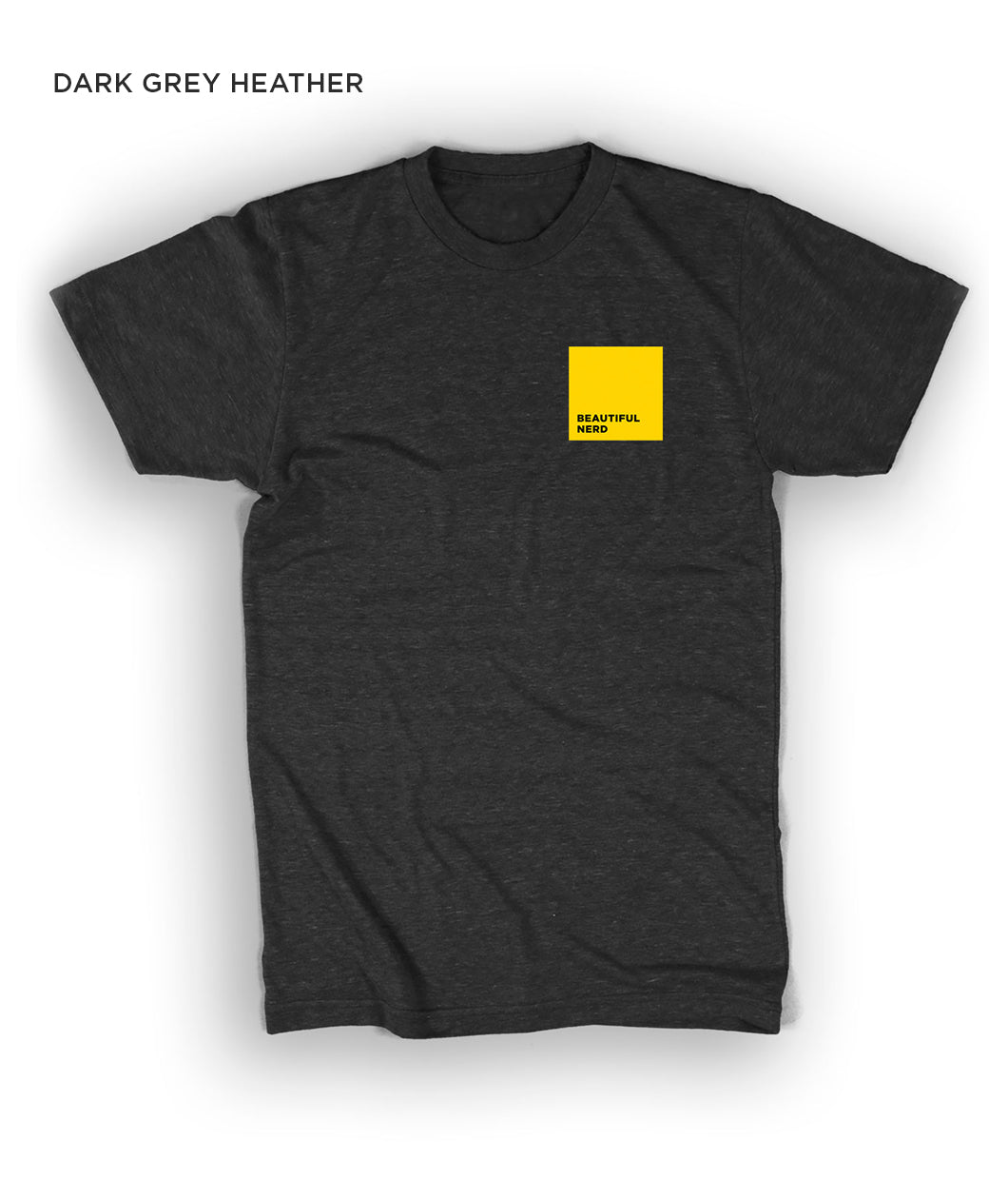 A grey short-sleeved t-shirt with a yellow square on the upper right side of the chest - by 99% Invisible