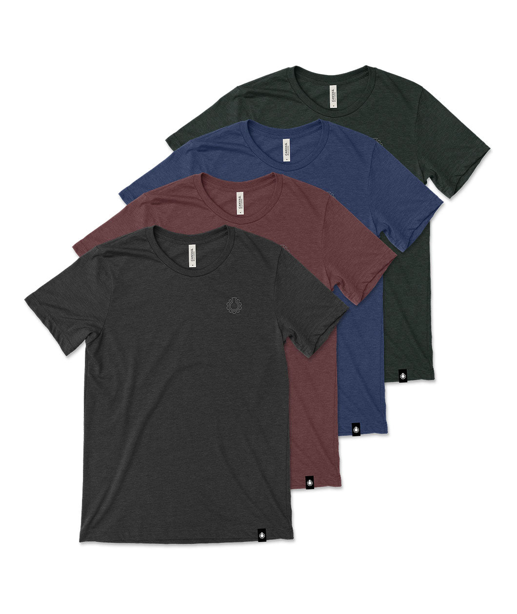 Four shirts lined up together, one dark green, one dark blue, one dark red and one grey. Each has a subtle beaker logo from CGP Grey. 