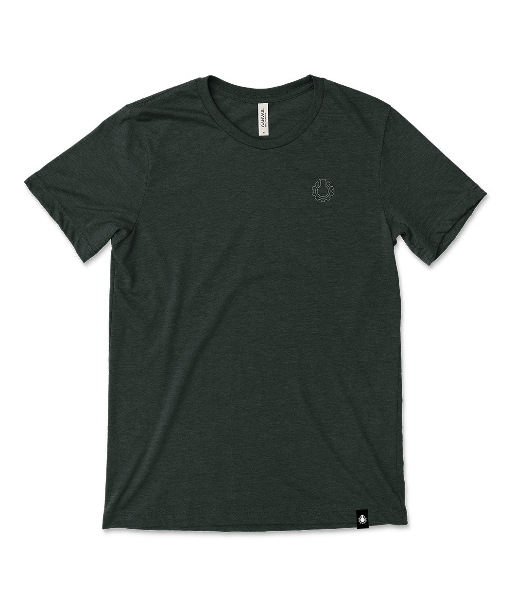 A dark green t-shirt with a small, subtle beaker logo from CGP Grey in the top left area of the shirt. 