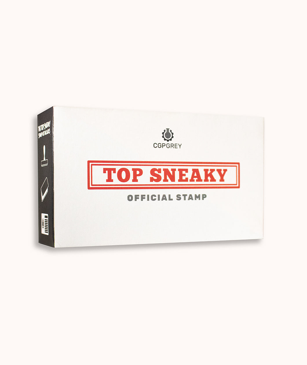 A white box with black sides. CGP Grey logo at the top. Below, "TOP SNEAKY” written in a red serif font surrounded by a red box. “Official Stamp” is written underneath in gray sans serif font. The side has an image of the contents of the box - from CGP Grey.