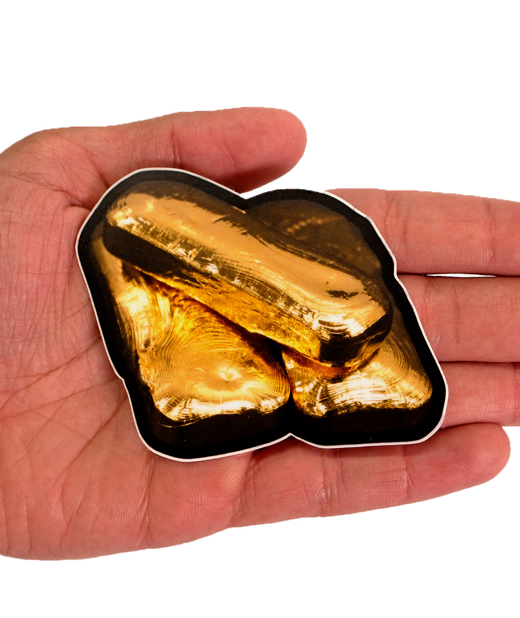 Someone holding a sticker of gold in their hand from the Reaction Sticker pack from NileRed.  