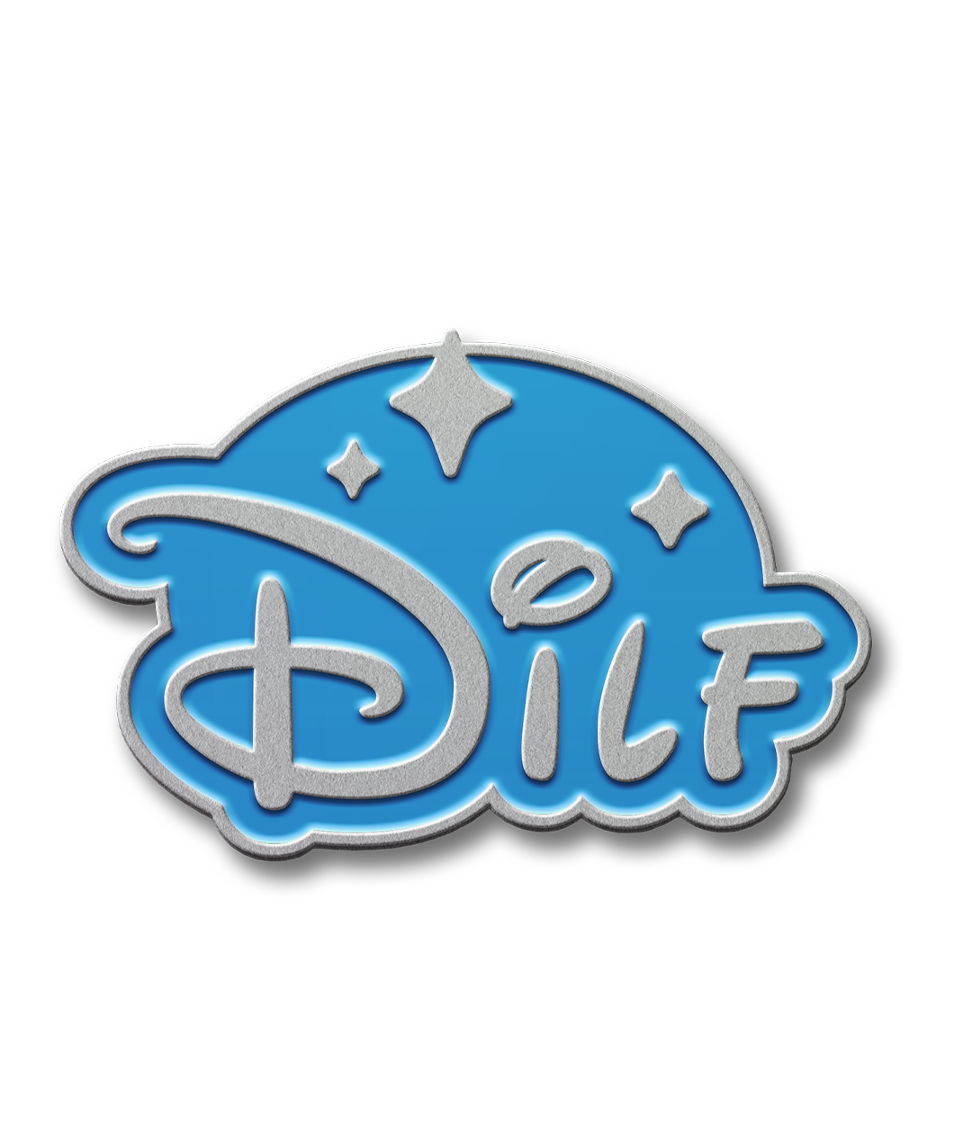 Silver plated enamel pin that looks like the Disney logo, but instead of the word, Disney, it says, DILF.