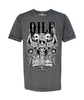 Gray textured shirt with black and white printed artwork. DILF is written in western style font on the top center in black and below it is three illustrated skulls. On the bottom, in small text it says, DEDICATED INVOLVED LOVING FATHER.