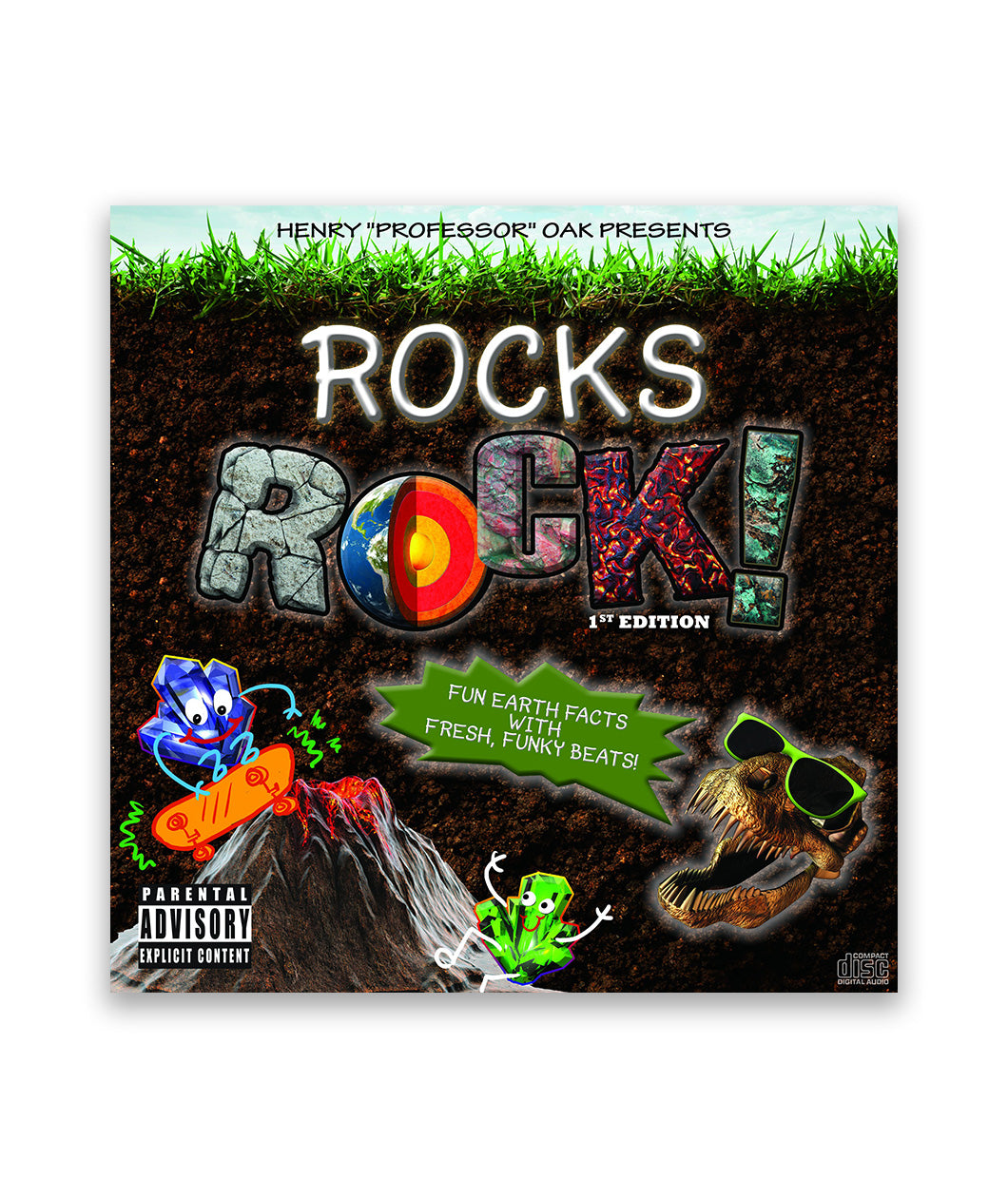 Cover for the ROCKS ROCK! 1st Edition. The text is multicolored and looks like different rocks in the soil and you can see the grass at the illustration.