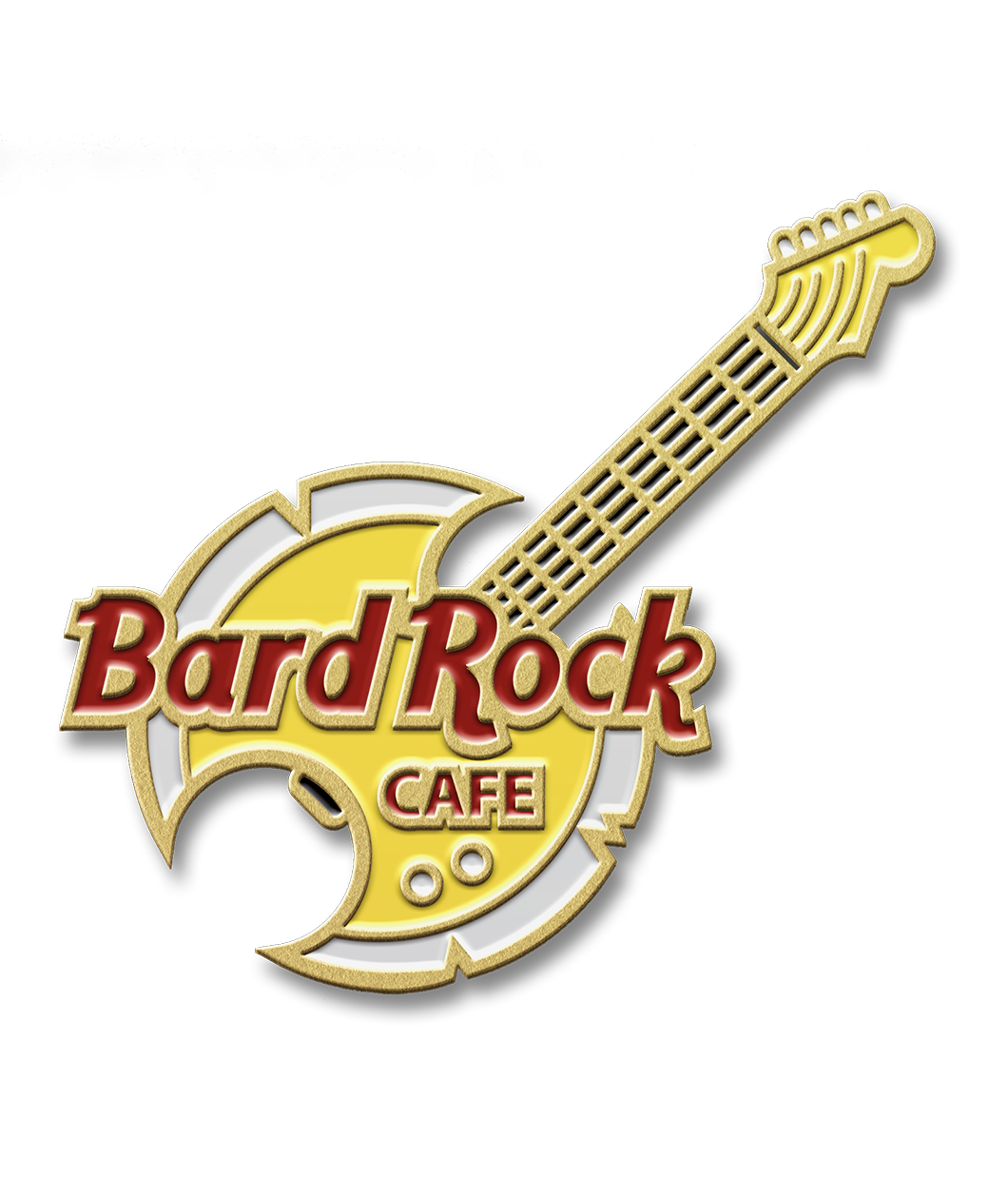 A gold plated enamel pin in the shape of a guitar with an axe head for its body filled with yellow enamel. The words Bard Rock cafe in burgundy on the guitar body in the same style as the Hard Rock Cafe.