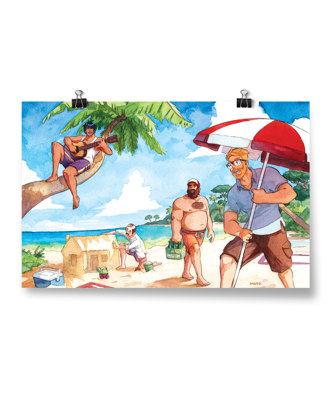 A poster with a watercolor illustration of a beach. There is a man sitting in a palm tree with his guitar, another balding man building a sand castle, a shirtless larger man in a dad hat carrying a 6 pack of beers, and on the far right in the foreground in a blond man wearing glasses staking a red and white umbrella into the sand.