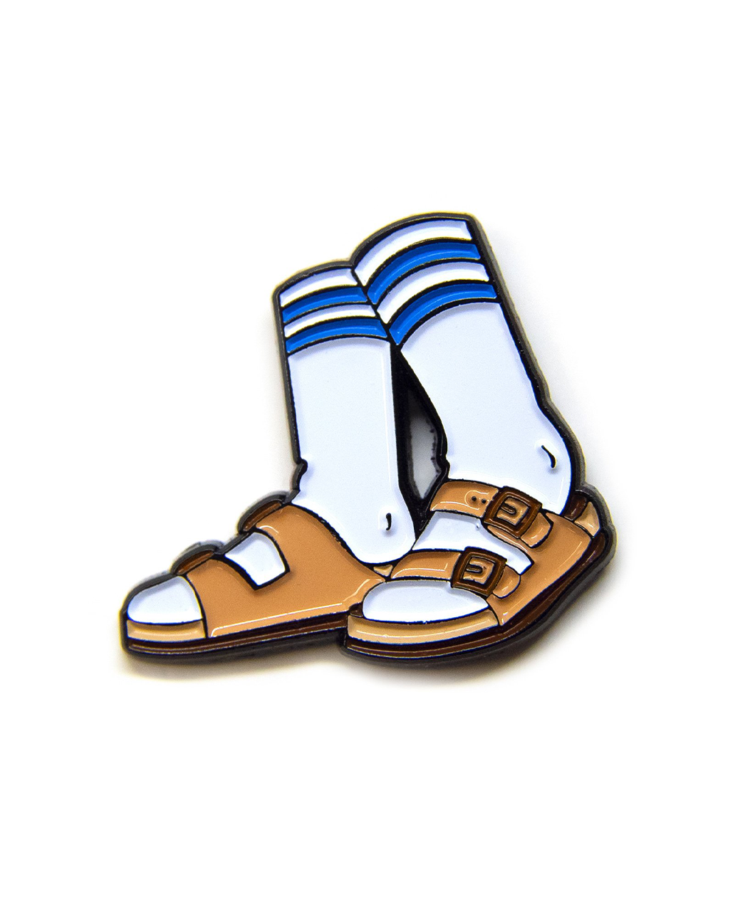 An enamel pin with a black backing of white tube socks with blue stripes in tan Birkenstocks sandals.