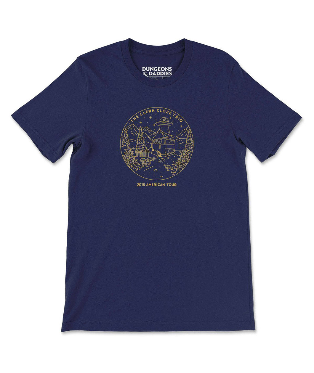 Navy blue t-shirt with yellow illustrated line drawing of a town with a UFO over it that says in small lettering 